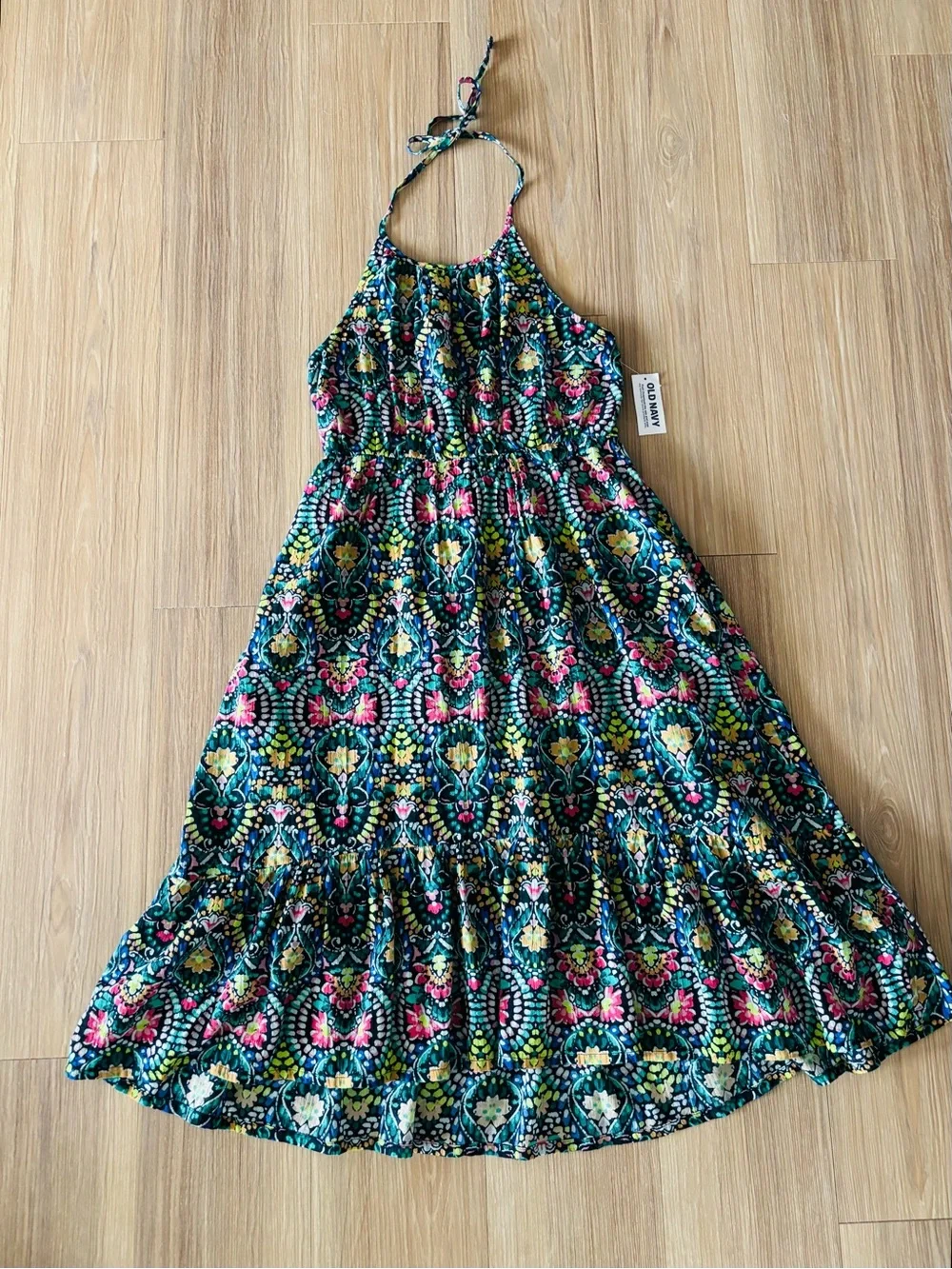 Old Navy Midi Dress Fit Flare Colorful Halter Neck Girls L NWT Boho Cottage